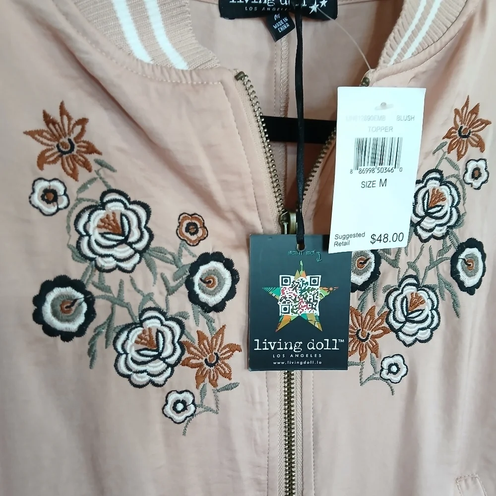 LIVING DOLL Pink Lightweight Bomber Jacket With‎ Floral Embroidery NWT size M